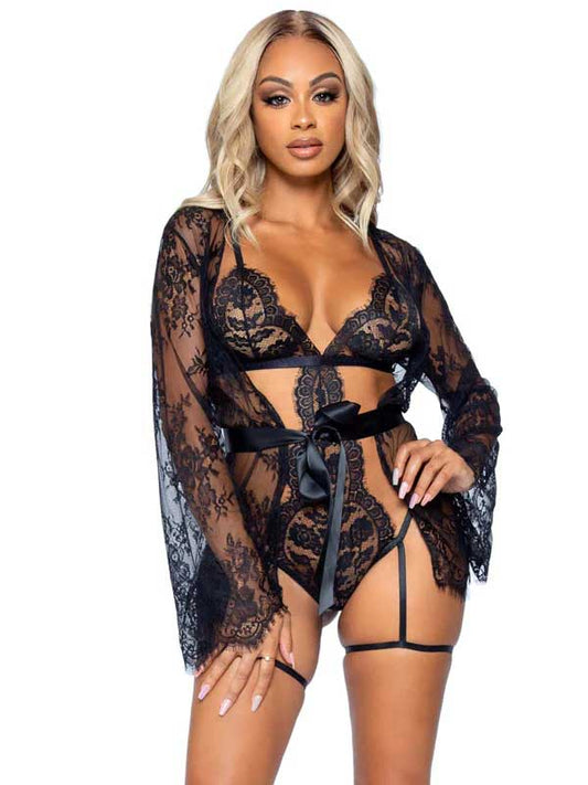 All Romance Lace Teddy and Robe Set - Medium -  Black LA-86123BLKM