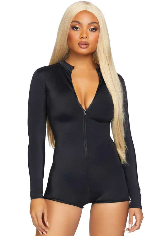 Zipper Front Long Sleeved Matte Romper - Medium - Black LA-86869BLKM